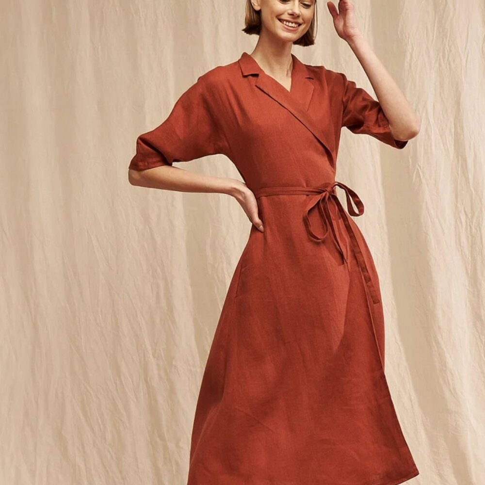 Black Linen Midi A-Line Wrap Dress by LinenHandmadeStudio